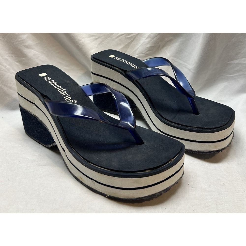 VTG Y2K No Boundaries Platform Wedge Sandals Navy Blue Jelly Strap Womens 7